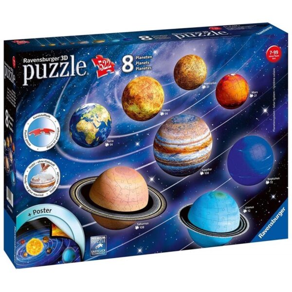 Puzzle 3D da 522 PEZZI SISTEMA SOLARE 8 pianeti + POSTER planetario Ravensburger